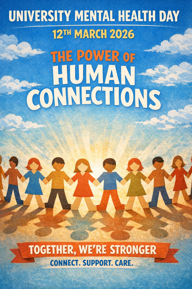 University mental health day poster. About human connection. Has boys and girls standing together.